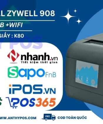 Máy in hóa đơn không dây kết nối wifi Zywell Zy908, máy in bill kết nối điện thoại không cần dây Lan